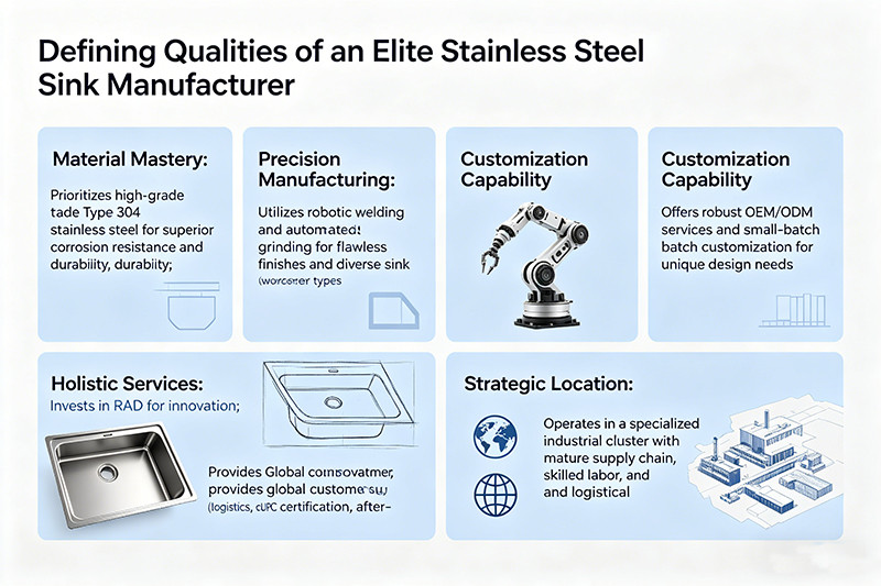 A display of various high-quality stainless steel sinks in a showroom