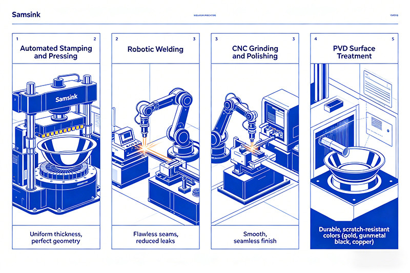 Automated robotic arm polishing a stainless steel sink in a modern factory