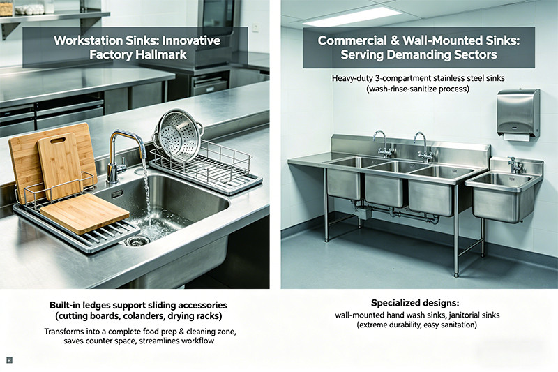 A durable commercial three-compartment stainless steel sink