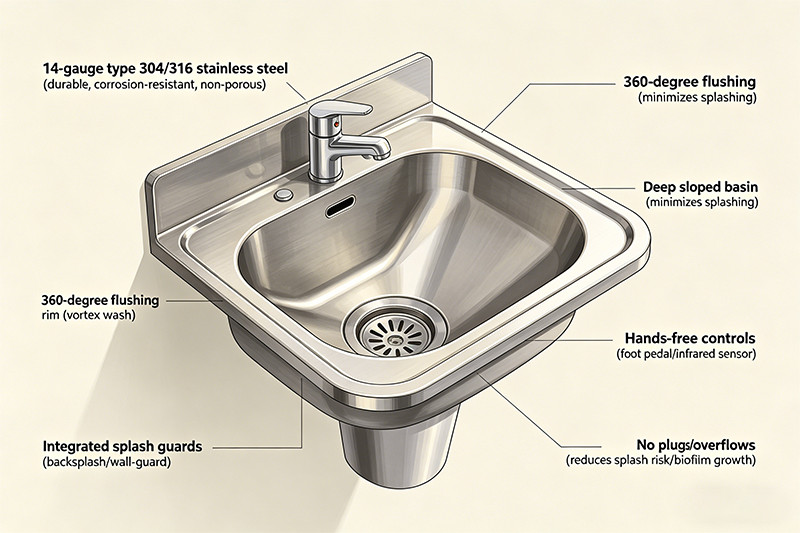 Close-up of a stainless steel medical sink with a flushing rim and hands-free controls