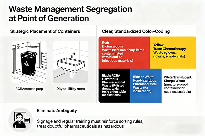 A set of color-coded medical waste bins for different waste streams: red for biohazard, black for hazardous, and blue for non-hazardous pharmaceuticals.