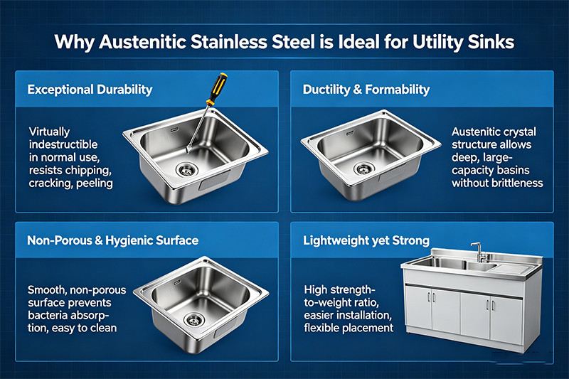A modern stainless steel utility sink installed in a clean laundry room.