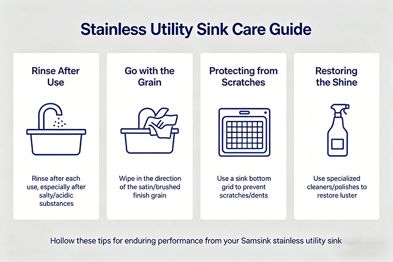 A person wiping a shiny stainless steel utility sink clean with a soft cloth.
