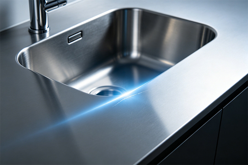 A close-up of water beading on a clean, corrosion-free stainless steel sink surface.