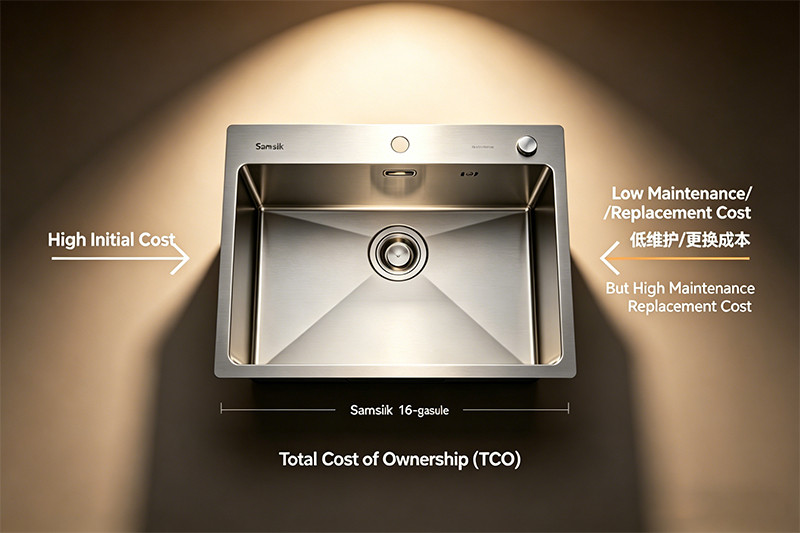 A split image showing a cheap, dented utility sink next to a pristine, durable Samsink stainless steel utility sink.