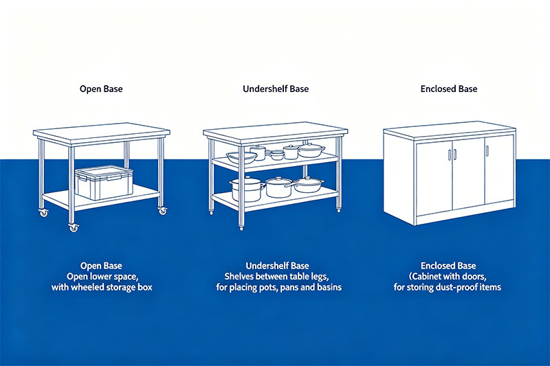 Different base configurations for commercial work stations: open base, undershelf, and enclosed cabinet base