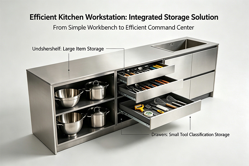 An organized commercial work station with neatly arranged drawers and an undershelf