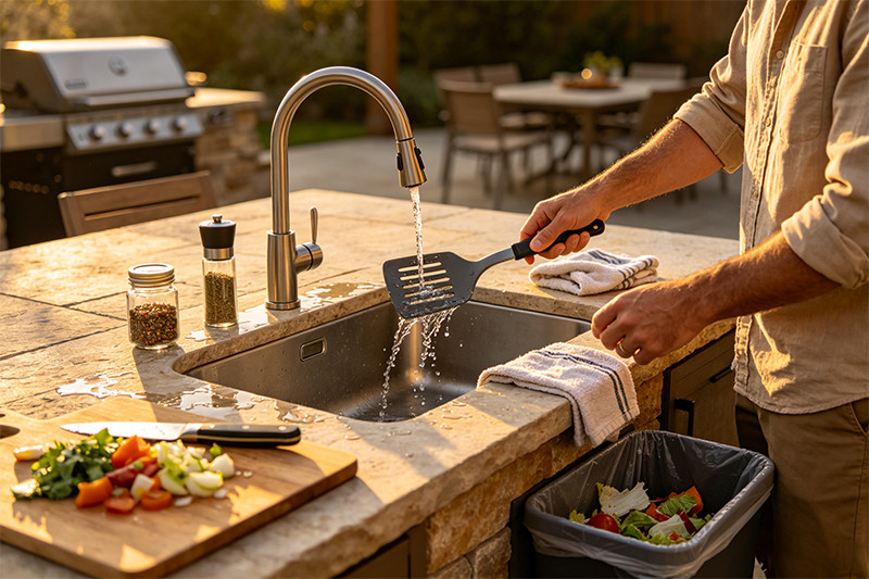 Clean outdoor kitchen countertop with sink Clean stainless steel outdoor sink integrated into a countertop