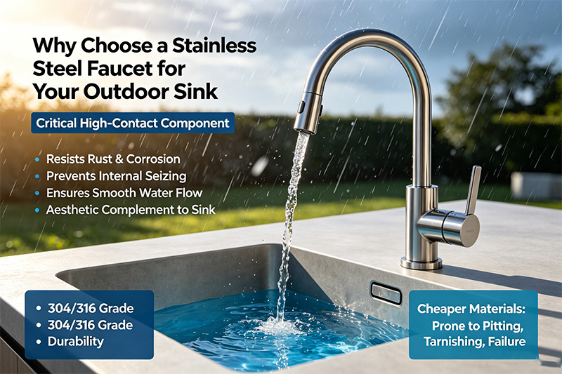 Durable stainless steel outdoor faucet Sleek stainless steel faucet on an outdoor sink