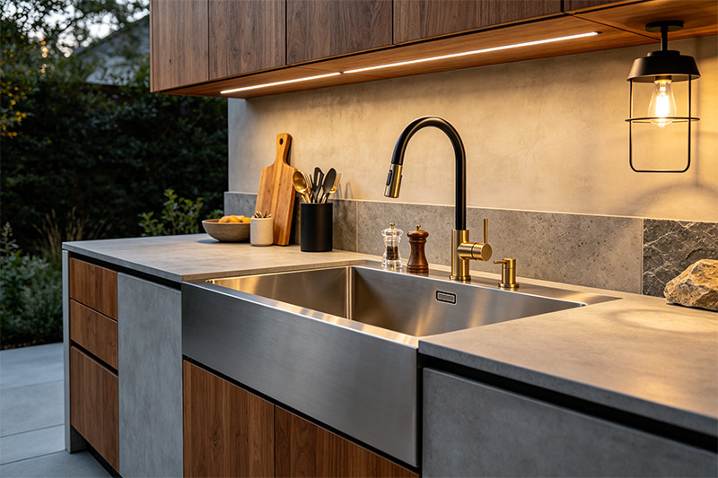 Integrated outdoor kitchen sink design Stylish outdoor kitchen with an integrated stainless steel sink as a focal point