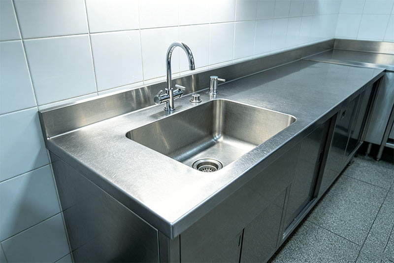 A shiny, well-maintained three-compartment commercial sink