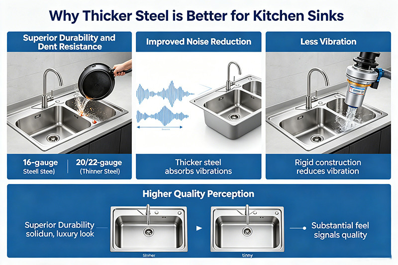 Stainless steel sink gauge thickness comparison Diagram showing the difference in thickness between 16-gauge and 22-gauge steel