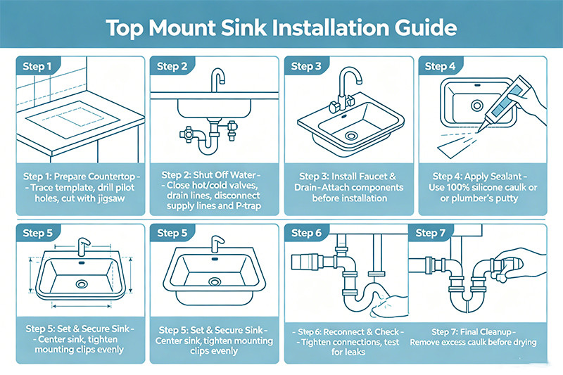 Installing mounting clips for a top mount sink A person tightening mounting clips under a newly installed top mount kitchen sink.