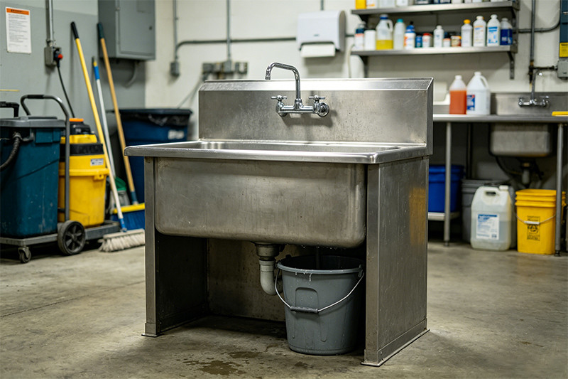 A floor-mounted stainless steel service sink in a utility closet.