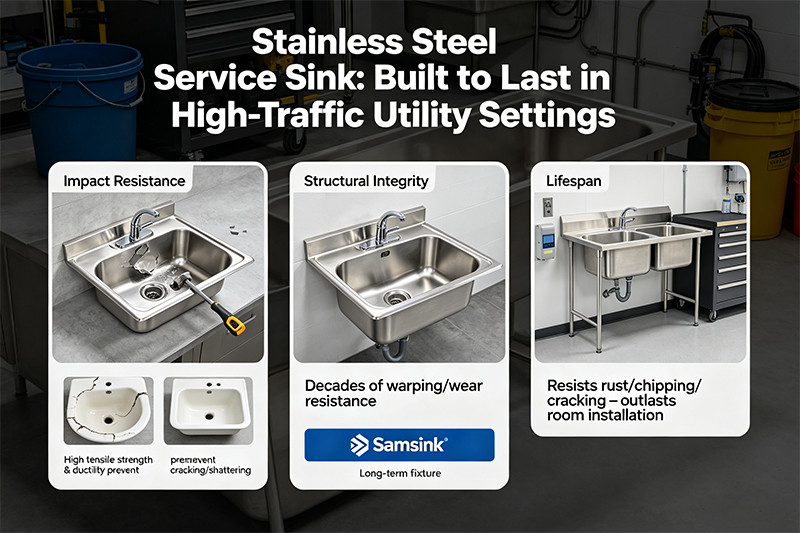 A close-up shot showing the thick, durable edge of a stainless steel service sink.