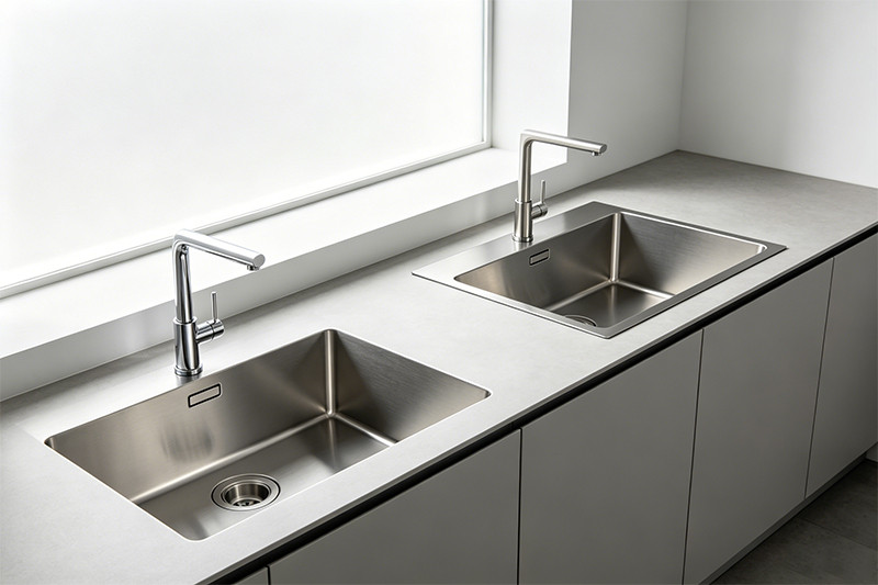 A side-by-side comparison of a top mount and an undermount sink.