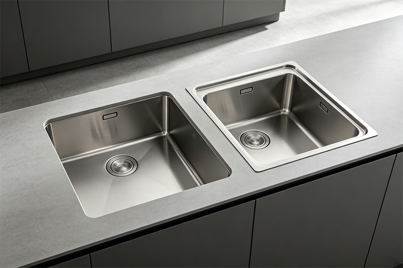 A modern kitchen featuring a sleek, low-profile top mount sink.