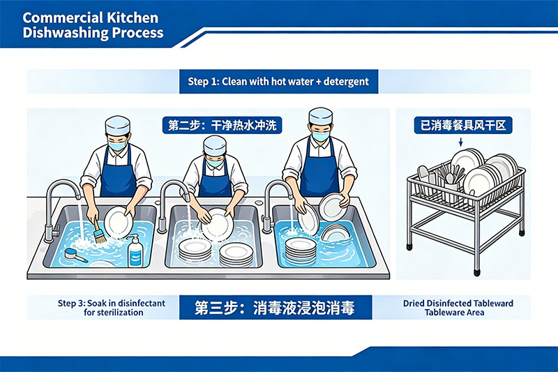 A diagram illustrating the three-compartment sink method: Wash, Rinse, and Sanitize bays clearly labeled.