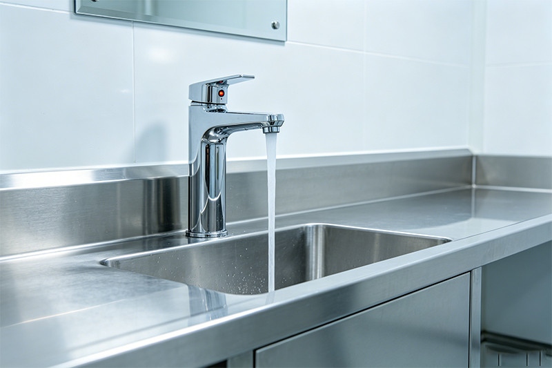 A person using a knee-pedal activated freestanding commercial hand sink