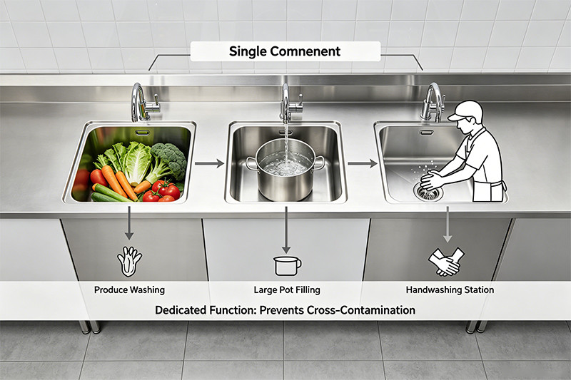 A compact single-compartment freestanding stainless steel utility sink in a small workshop.
