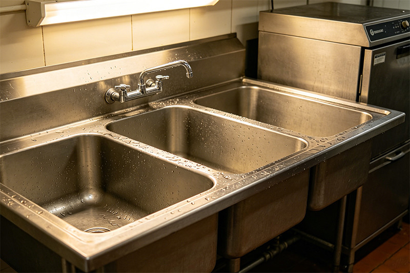 A classic three-compartment freestanding stainless steel utility sink set up for the wash, rinse, and sanitize process.