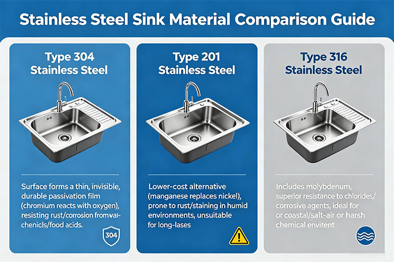 A close-up shot showing the shiny, corrosion-resistant surface of a Type 304 stainless steel sink.