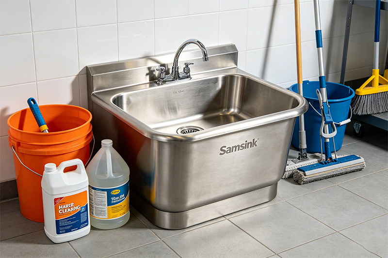 A floor-mounted freestanding stainless steel mop sink in a clean janitorial closet.