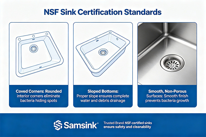 An NSF certification mark on the side of a gleaming stainless steel utility sink.