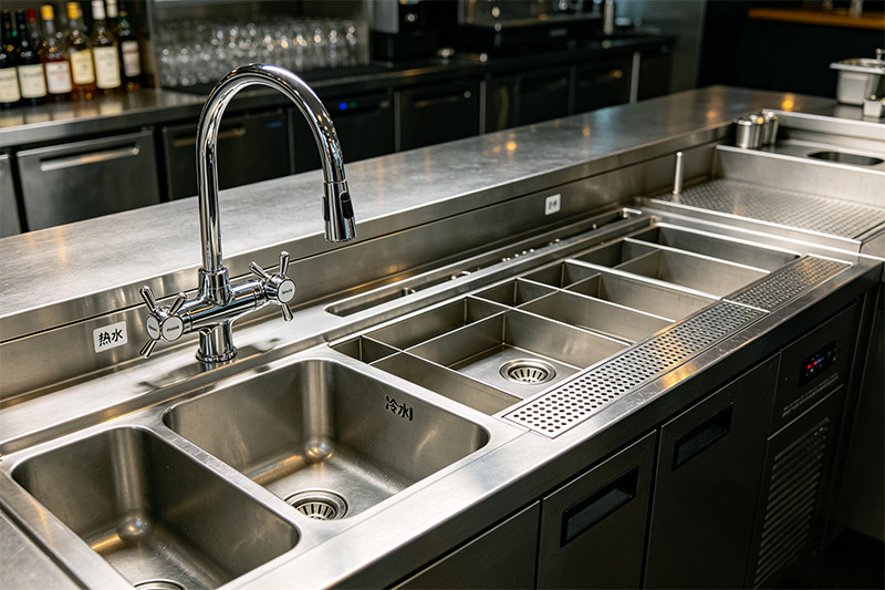 A three-compartment commercial bar sink with a gooseneck faucet and drainboards