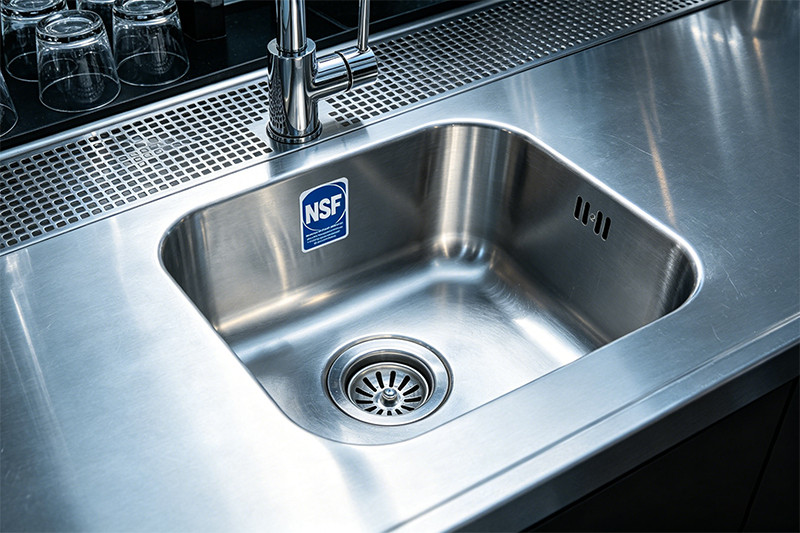 NSF certification logo on a stainless steel sink