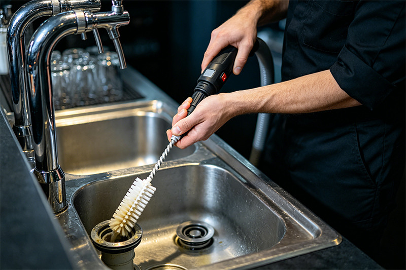 A cleaning schedule checklist posted on a wall near a commercial bar sink.