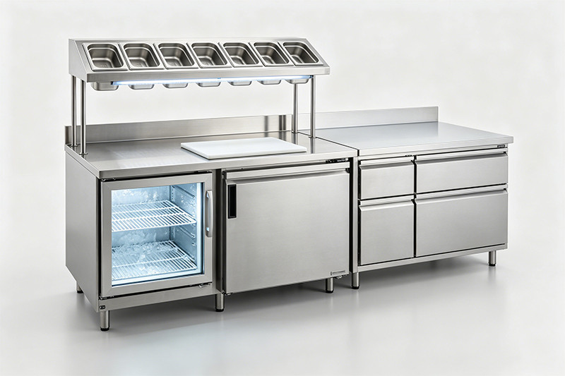 Chef at a refrigerated prep table A chef using a refrigerated commercial work station to prepare salads.
