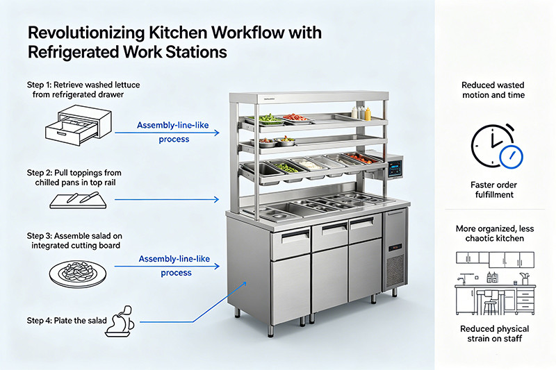 Kitchen workflow optimization Workflow diagram showing the streamlined process with a refrigerated work station.