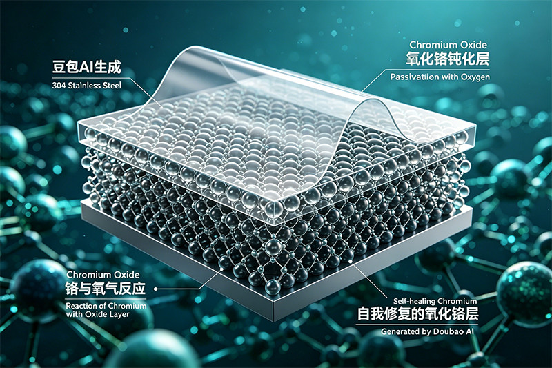 A diagram showing the self-healing chromium oxide layer on 304 stainless steel.