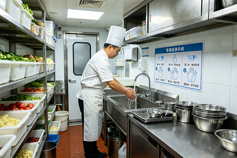 Commercial Hand Washing Station in Food Truck A clean, well-stocked commercial hand washing station inside a food truck.