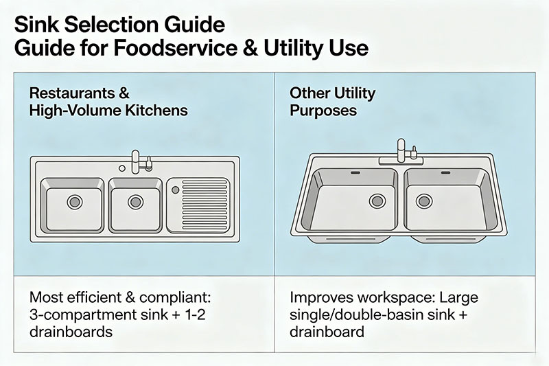 A large, three-compartment stainless steel utility sink with drainboards on both sides, illustrating an efficient workflow.