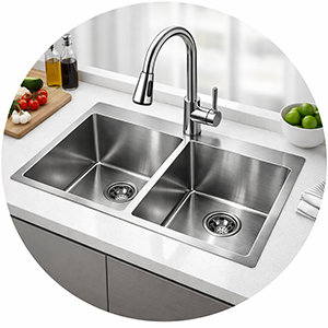 double bowl stainless steel sink in home kitchen