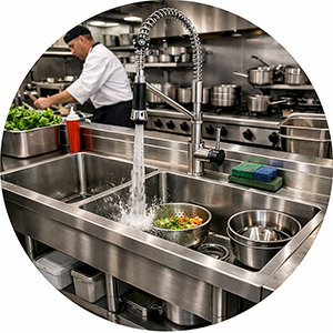 commercial stainless steel kitchen sink in restaurant kitchen