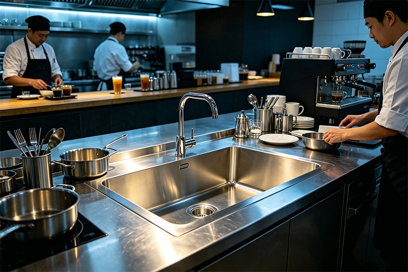 A sleek and durable 304 stainless steel commercial bar sink installed in a modern bar setting.