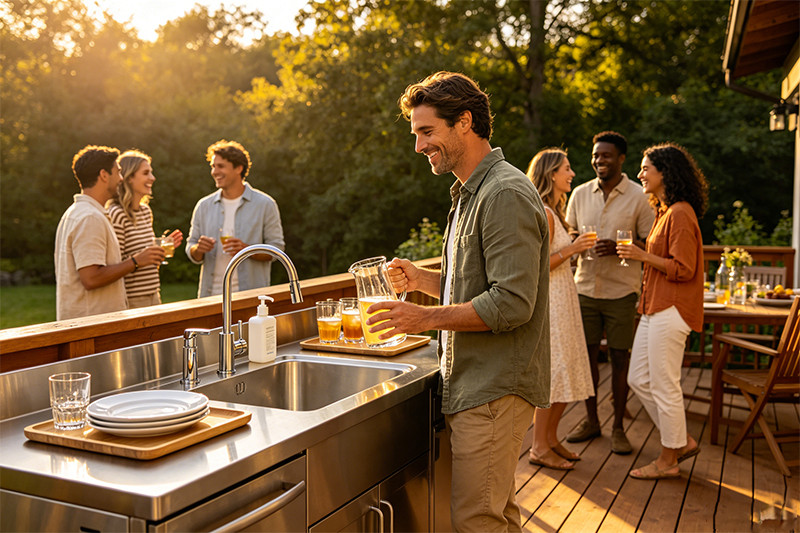 A modern outdoor kitchen with an integrated stainless steel sink and ice bin, showing guests enjoying drinks without the host having to leave the party.