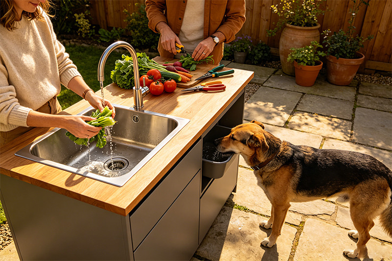 Close-up of hands being washed in a stainless steel outdoor sink, with grilling tools and fresh vegetables on the counter nearby.