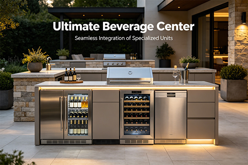 A complete outdoor bar station featuring a cocktail station with an ice maker, refrigerated drawers, and a built-in grill.