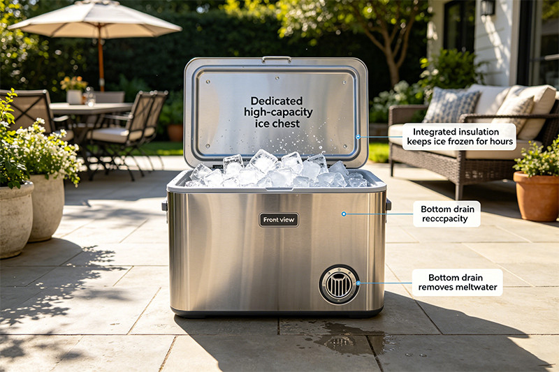An open outdoor ice bin filled with clean ice, with cocktail-making tools resting on the edge, ready for use.