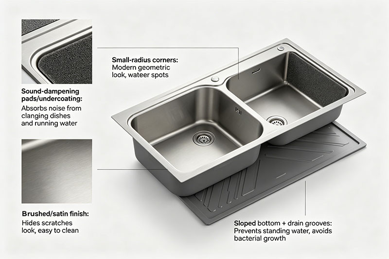 A diagram showing the different features of a stainless steel sink, like sound-dampening pads and a brushed finish