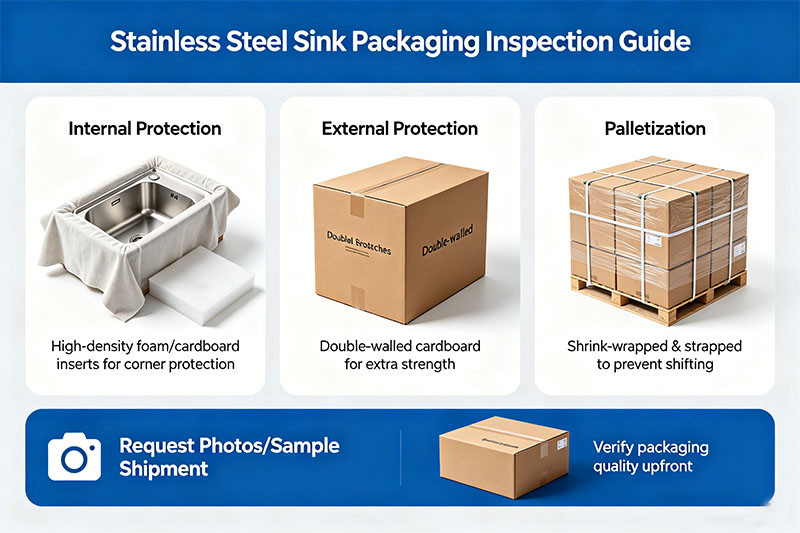 Several stainless steel sinks securely packed in boxes with corner protection, ready for shipping