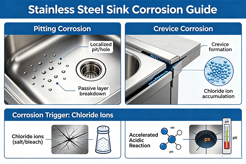 Illustration showing the mechanism of pitting and crevice corrosion on a stainless steel surface.
