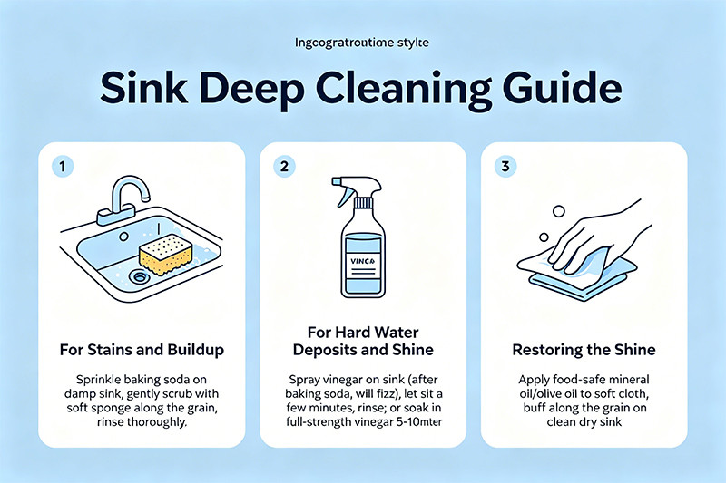 A person cleaning a stainless steel sink with a soft cloth and gentle cleaner.