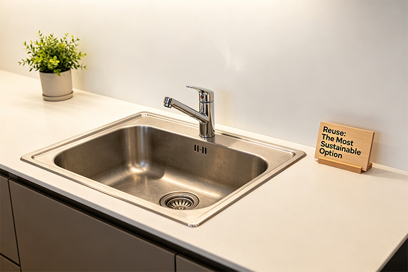 A beautifully restored vintage farmhouse sink in a rustic kitchen