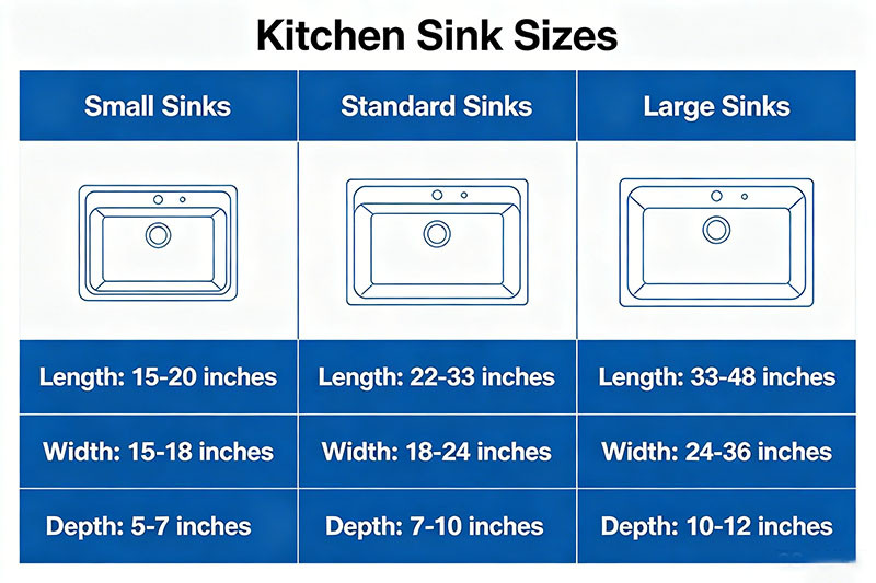 A diagram showing how to measure the length, width, and depth of a kitchen sink.