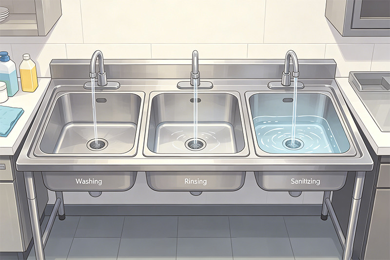 Multi-Compartment Commercial Kitchen Sinks A large three-compartment stainless steel commercial kitchen sink.